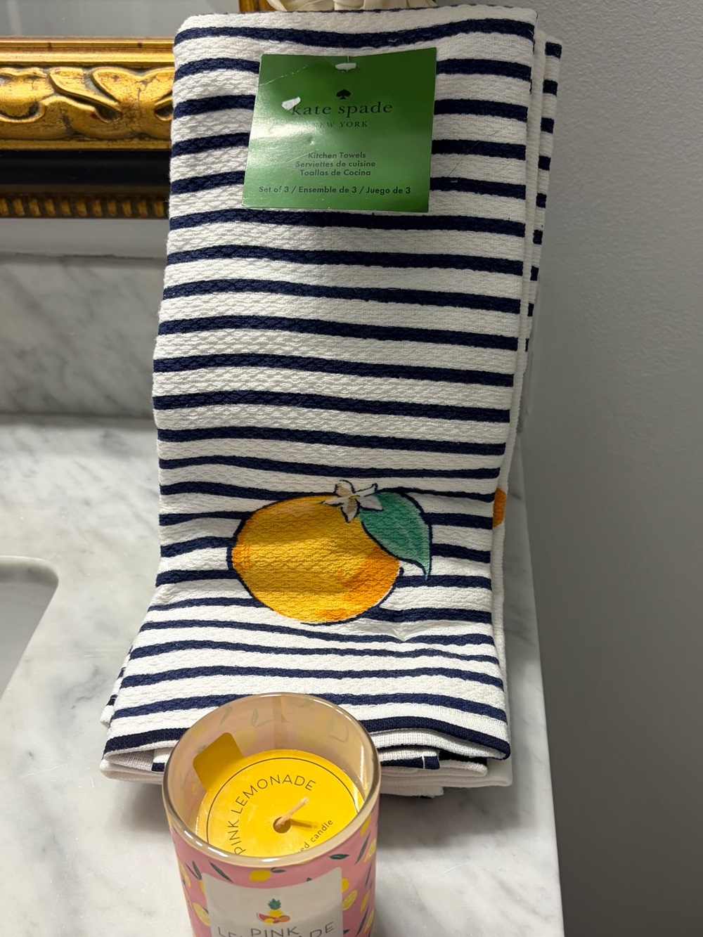 NWT Kate Spade Black & White Striped Towel w/ Lemon Motif & Pink Lemonade Candle